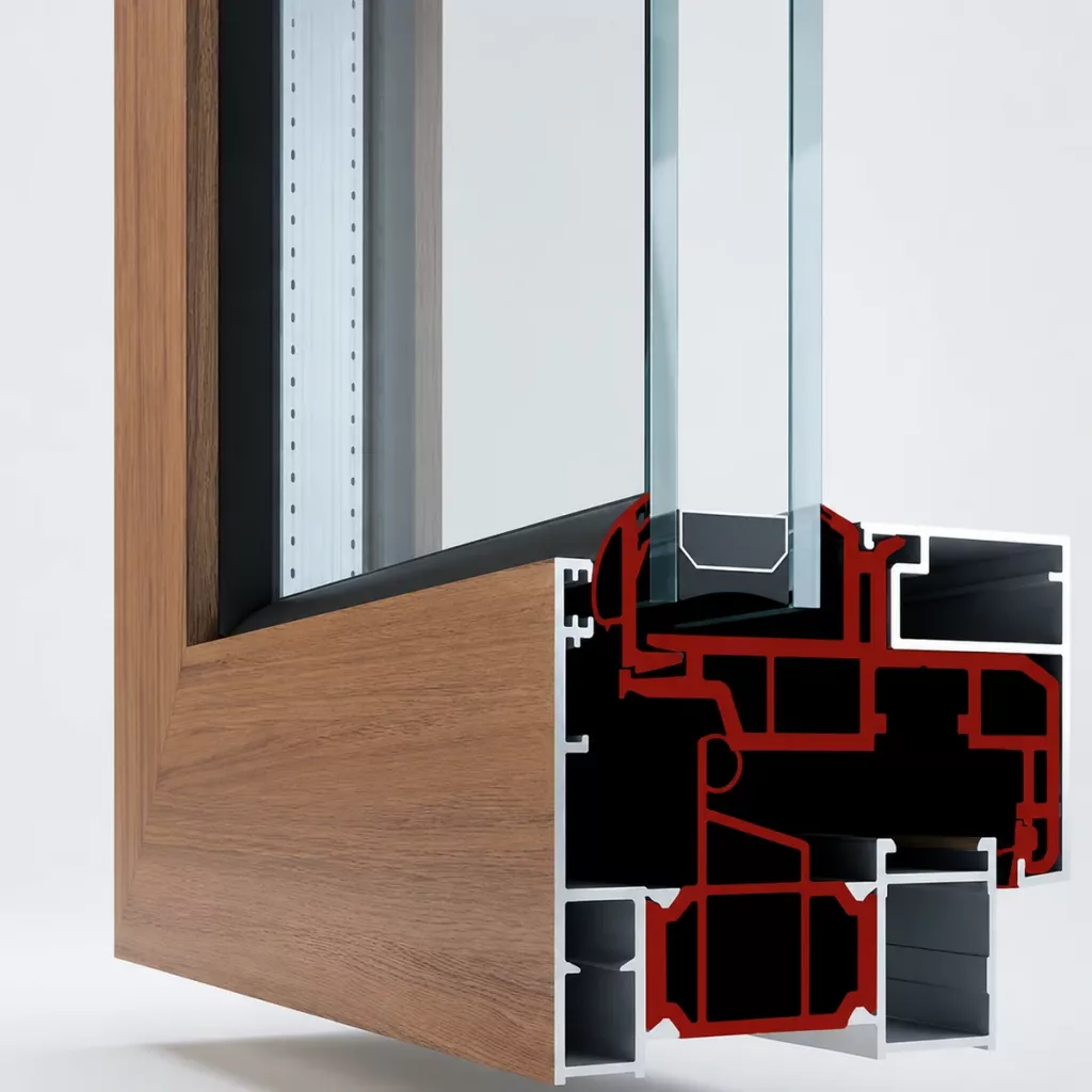 Perfil de ventana de aluminio con rotura de puente térmico en sección