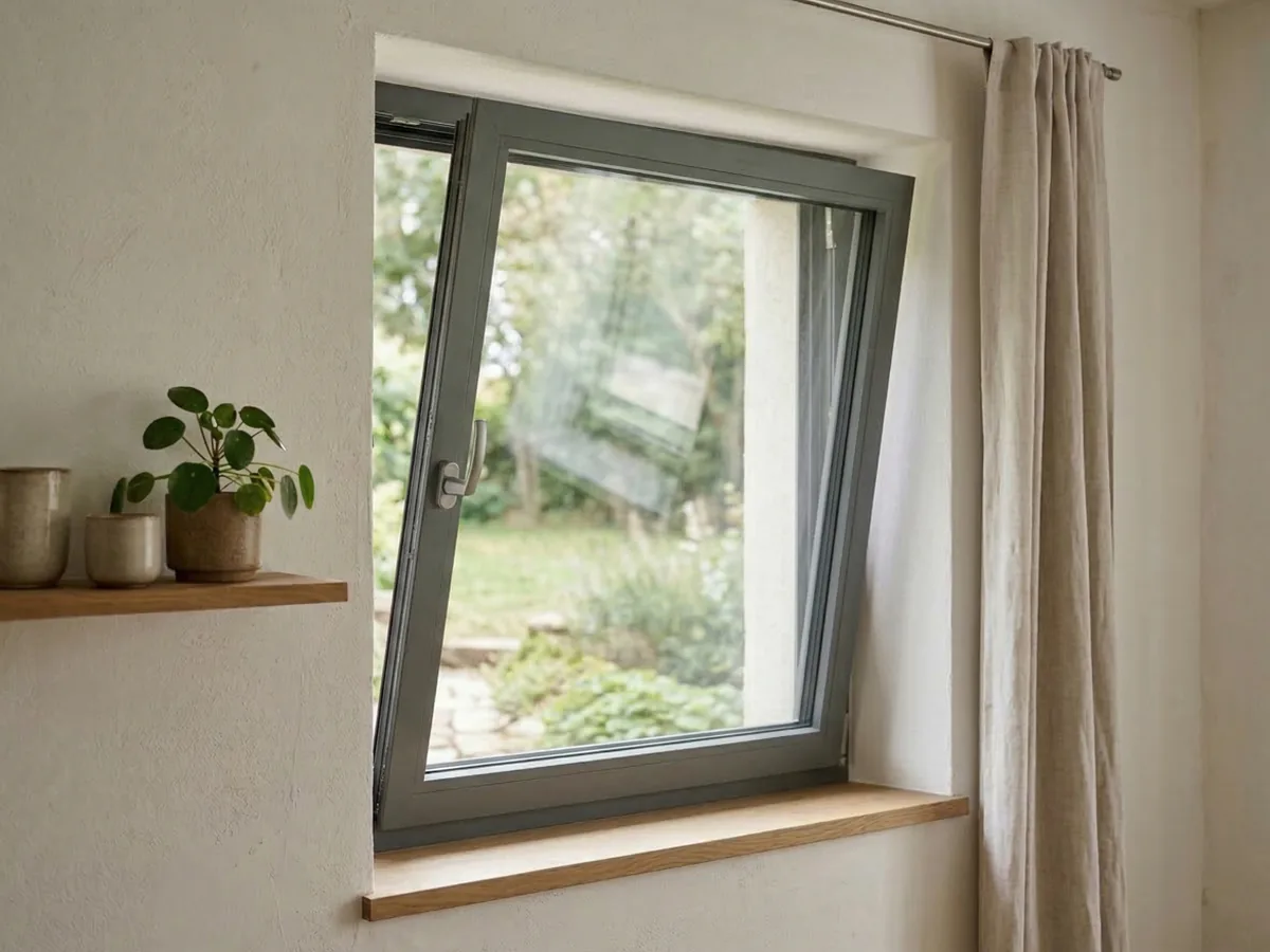 Ventana oscilobatiente de aluminio abierta en posición de ventilación